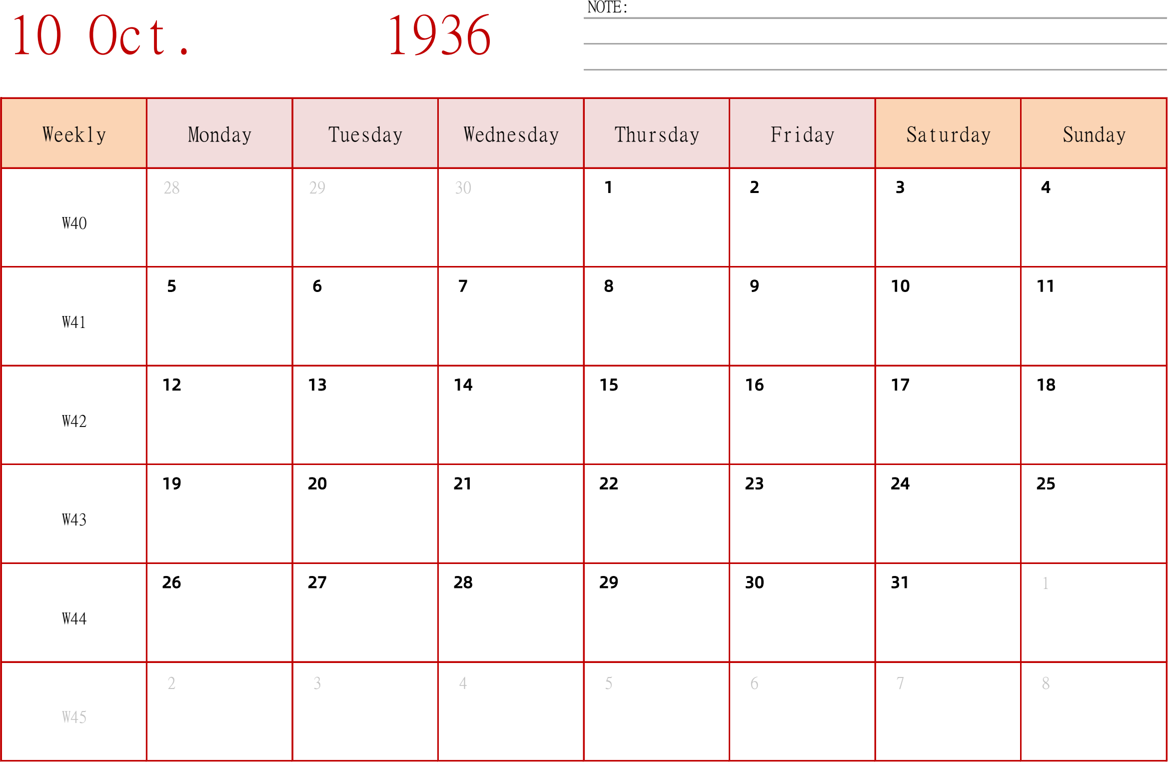 日历表1936年日历 英文版 横向排版 周一开始 带周数